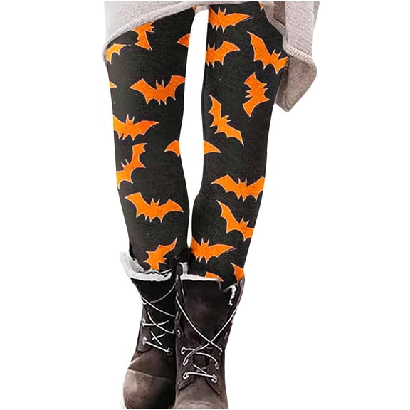 Virmaxy Halloween Costume Women's Leggings Halloween Orange Bat Print Full Length Stretch High Waist Yoga Pants for Holiday Parties Multicolor