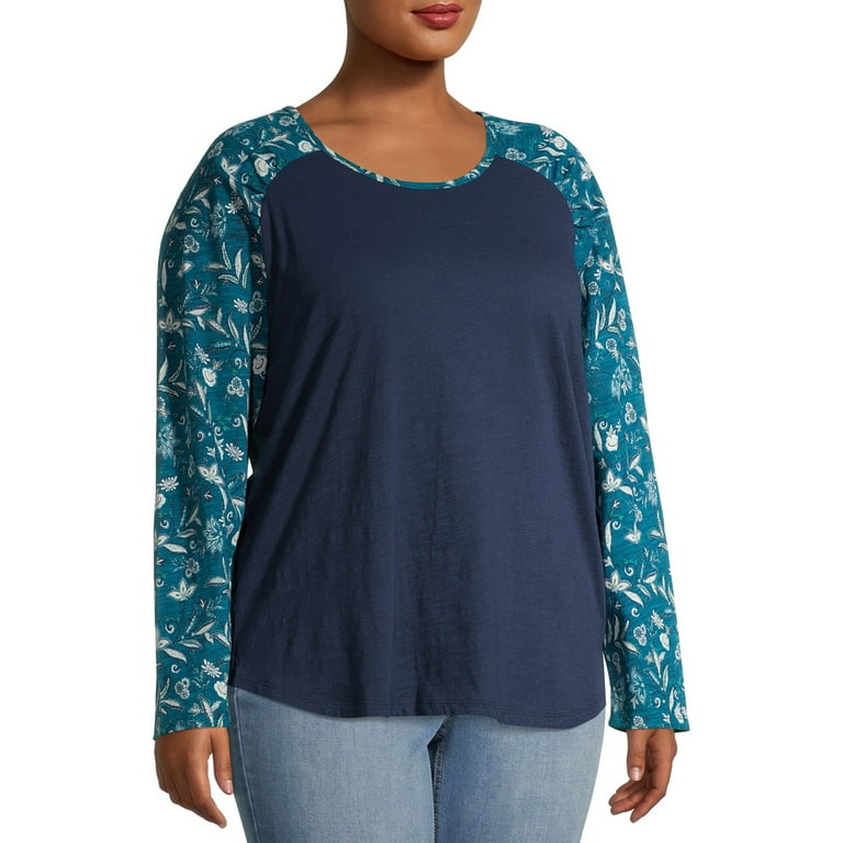 Terra Sky Women s Plus Size Crewneck Floral Print Baseball T