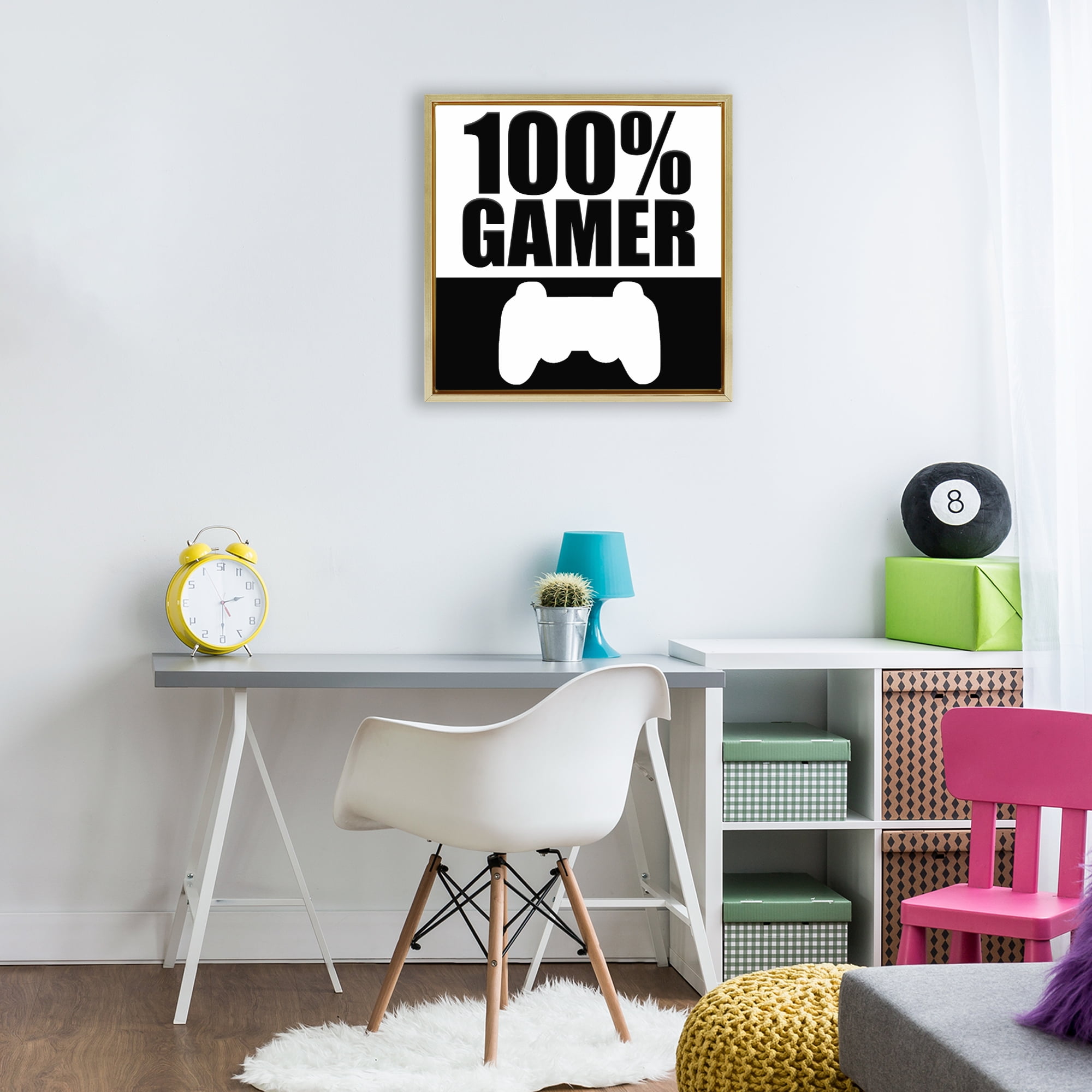 100% Gamer Black & White Gold Framed Floater Canvas Wall Art, design by Kim Allen