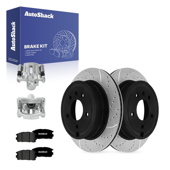 AutoShack Rear Vented Drilled & Slotted E-Coated Brake Rotors   Premium Ceramic Pads   Calipers 8-PC Brake Kit Replacement for 2007-2009 Chevrolet Equinox ShadowGuard 11.93" (303 mm)