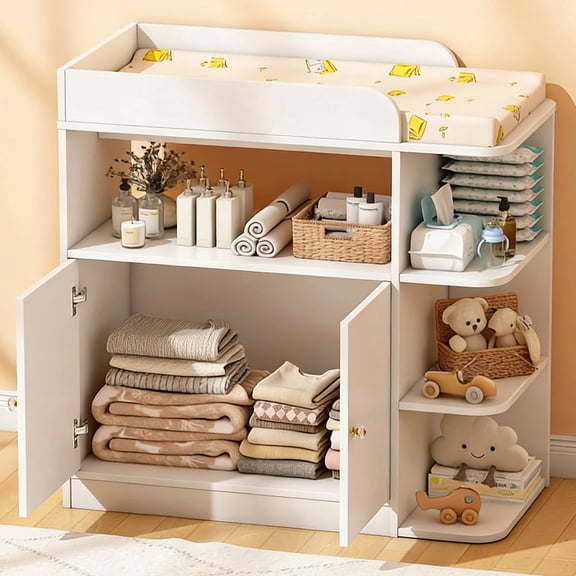 Linor Baby Dresser with Changing Table, Multifunctional Nursery Dresser with 4 Open Shelves & Double-Door Cabinet, Storage Organizer for Nursery