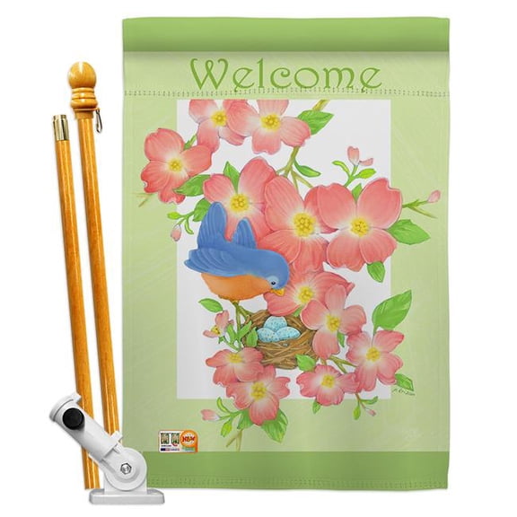 Breeze Decor BD-SH-HS-100054-IP-BO-D-US12-AM 28 x 40 in. Welcome Blue Bird Inspirational Sweet Home Impressions Decorative Vertical Double Sided House Flag Set with Pole Bracket Hardware