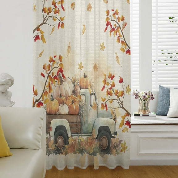 Fall Thanksgiving Semi Sheer Curtains Drapes for Living Room,Bedroom,French Doors Window 72 Inches Long,Autumn Pumpkin Truck Maple Leaf Rustic Rod Pocket Chiffon Curtain Drapery Voile Drape Panel