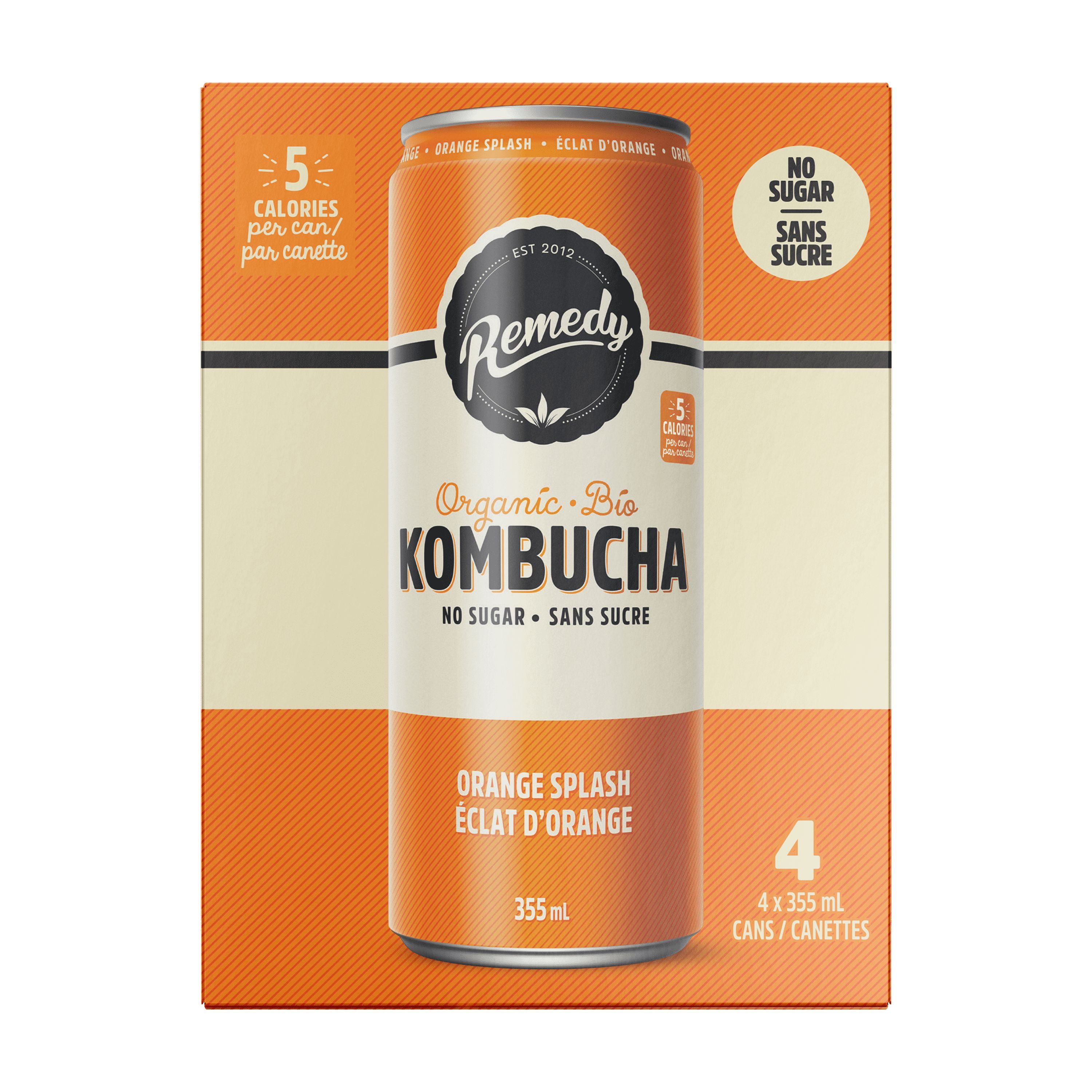 Bio, Sans Sucre, Cru et Non Pasteurisé, Naturellement Caféiné Remedy Kombucha Orange Splash 4PK 4x355 ML