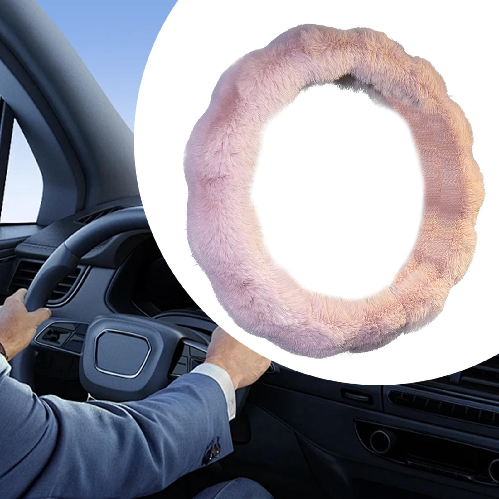 Wzmzjy 15" Soft Plush Car Steering Wheel Cover Wear Resistant Anti Slip Simple Assembly Pink