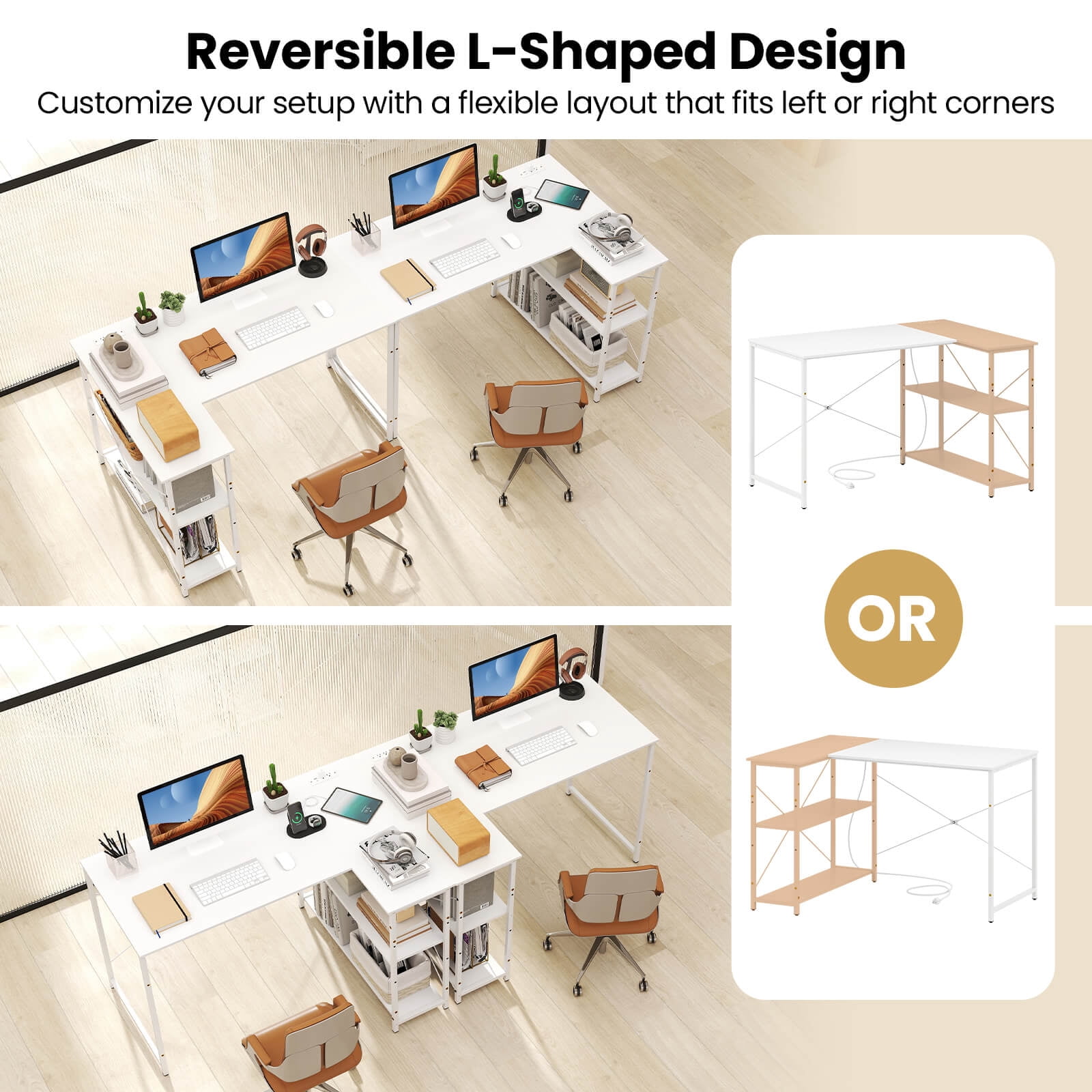Costway L-Shaped Computer Desk with Power Outlets Adjustable shelf Heavy-Duty Metal Frame White