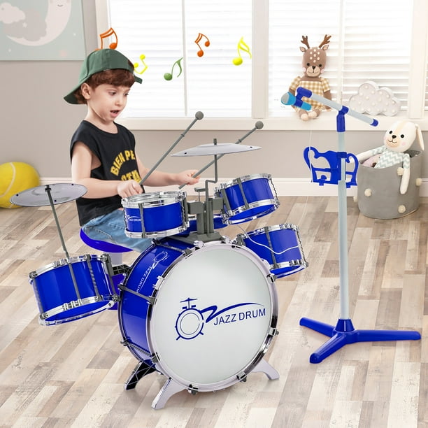 Batería Infantil KOMFOTTEU Con Teclado De 8 Teclas, Micrófono, Taburete Y Conector MP3 – Set De Percusión Para Niños +3 Años