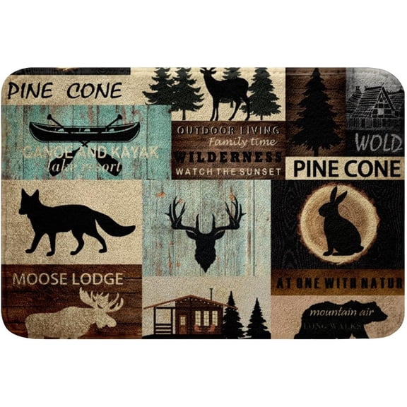 Hunting Woodland Animal Bath Mat Non Slip 18X30 Rustic Fox Bear Deer Moose Bathroom Rug,Lake House Fishing Door Mat for Farmhouse Cabin Lodge,Countryside Wildlife Bath Rug Brown Teal