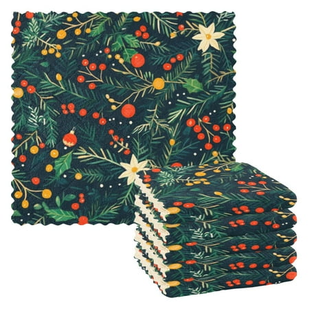 

6 Pieces of Kitchen Towels 11x11Inch Kitchen Dish Cloths Kitchen Dish Towels Reuseable Cleaning Cloths Cartoon Christmas Leaves4