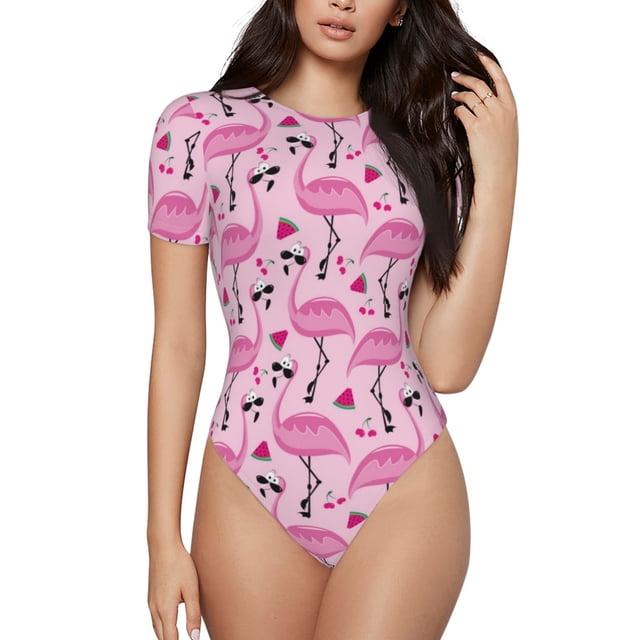 Fotbe Cool Flamingos Body de Mujer con Cuello Redondo y Mangas Cortas, Sin Mangas Ajustado, Suave, Cómodo y Básico-Medium