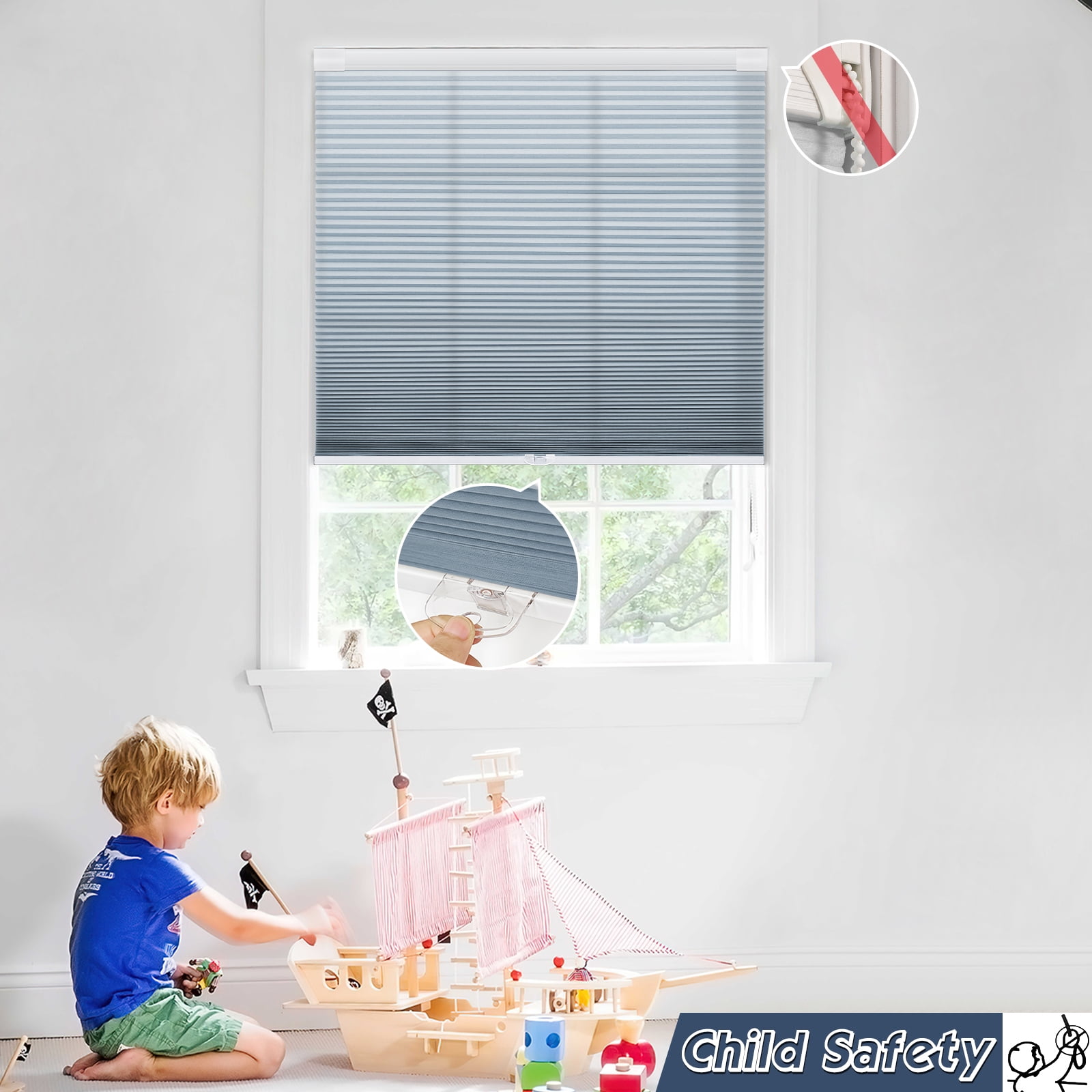 Keego Cellular No Drilling Blind for Window Honeycomb Cordless Window Blinds Easy Installation Heat Insulating Noise Reducing Window Shades Semi-Blackout Steel Blue, 27.0"w x 48"h