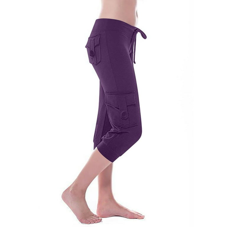 KIJBLAE Womens Stretch Waist Button Pants Yoga Gym Pantss Summer Fashion  Short Pants Solid Color Trousers Workout Pants for Ladies 2023 Slimming  Skinny Pants Drawstring Purple XXXL