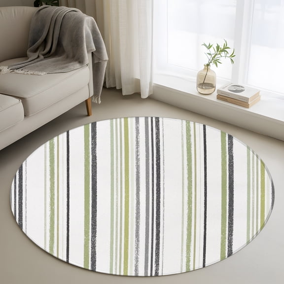 Sage Green Gray 3ft Area Rug, Modern Striped Minimalist Stripes Washable Non-Slip Small Round Rugs for Entryway Bedroom Kitchen, Soft Circle Carpet for Dining Room, Playroom Nursery Rug