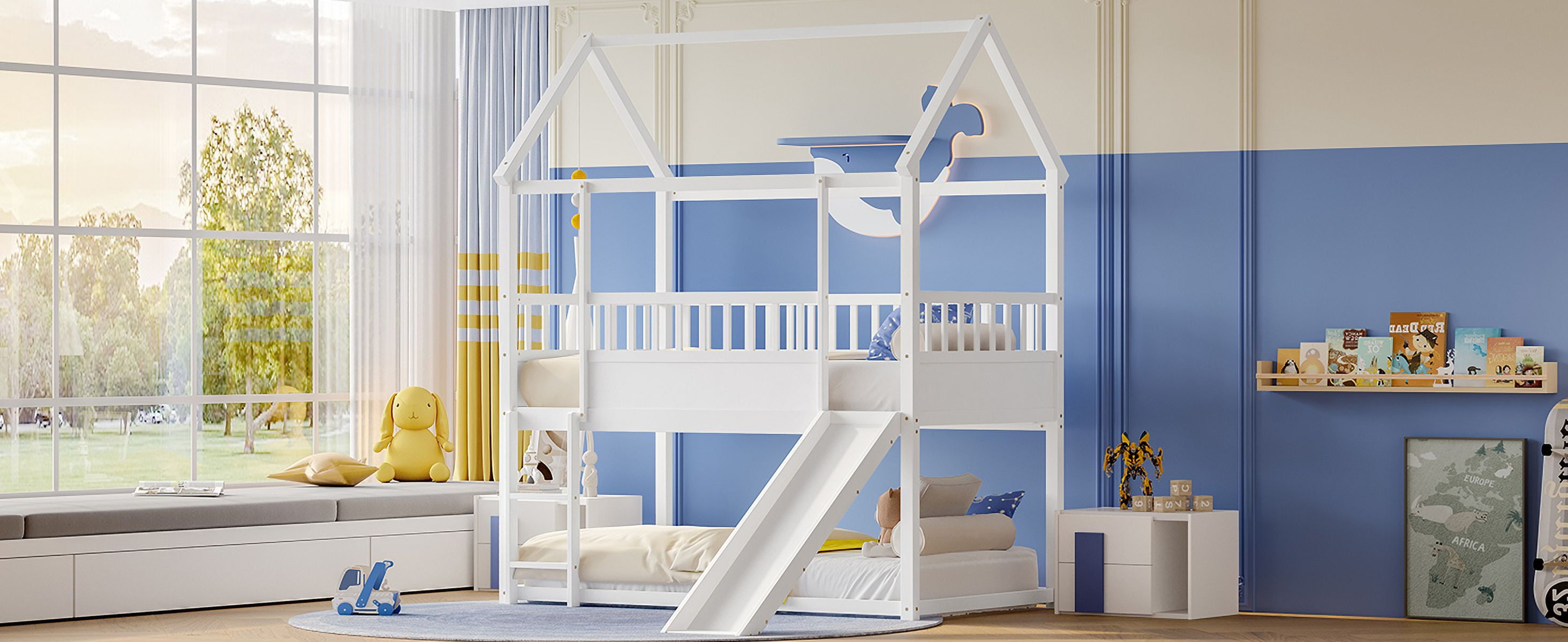 House Bunk Bed with Slide and Ladder, Twin Over Twin Floor Bed with Safety Guardrail, White Pine Wood Kids Bedroom Furniture, Convertible Slide and High Guardrail Design
