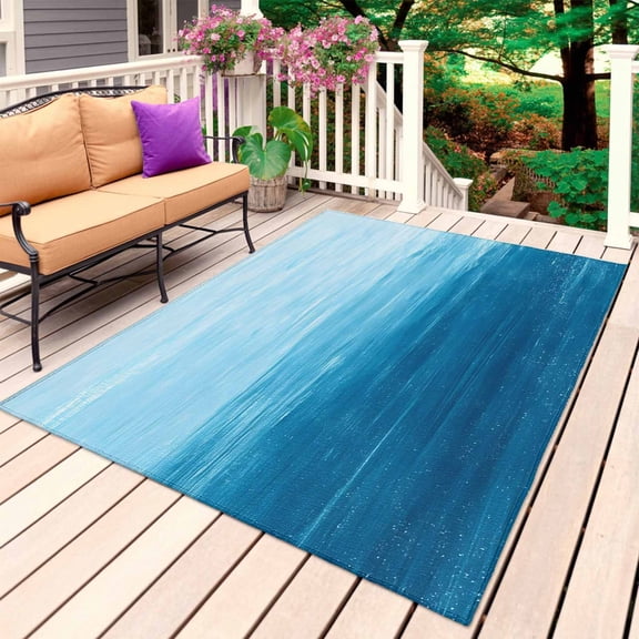 Sky Blue Ombre Outdoor Rug for Patio/Deck/Porch, Non-Slip Large Area Rug 6 x 9 Ft, Modern Abstract Art Ocean Oil Painting Indoor Outdoor Rugs Washable Area Rugs, Reversible Camping Rug Carpet Runner