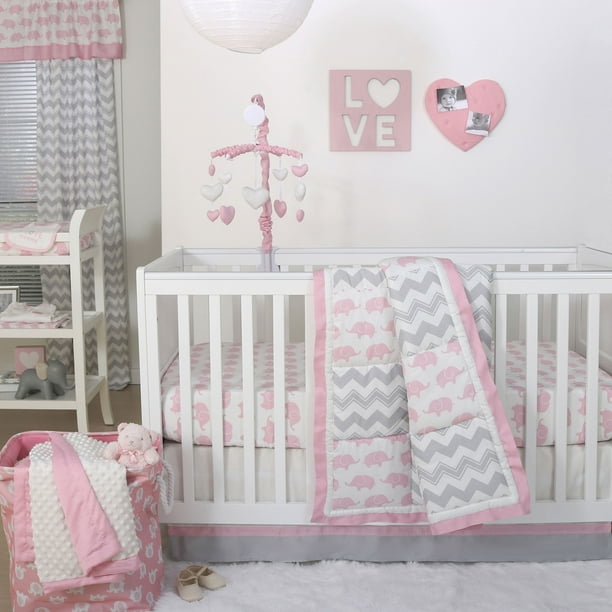 Ellie Pretty Patch Pink Elephant Baby Girl Crib Bedding 11 Piece