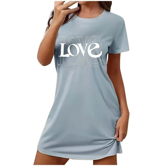 Levmjia Nightgowns For Women Sleep Dress Short Sleeve Soft Polyester Spandex Summer Pajamas Print Oversized Comfortable Loungewear for Home Sleep Relax Gift S-XXL