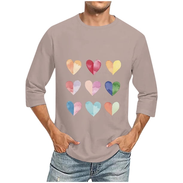 Camisas de Manga Larga para los Hombres Día de San Valentín Impresión Cuello Redondo Moda Casual, Mezcla de Poliéster de Lino de Algodón para Primavera Verano