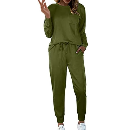 MSJUHEG Womens Loungewear Set Satin Pajama Set for Women Sets for Women 2 Jogger Pajama Long Sleeve Pants Loungewear Sweatsuits Casual Matching Outfits Womens Pajamas Green L