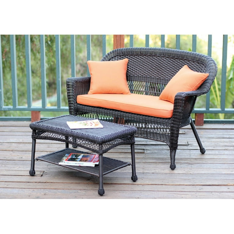 Jeco Wicker Patio Love Seat with Cushion and Pillows Finish Black Inclusion Coffee Table Set Walmart