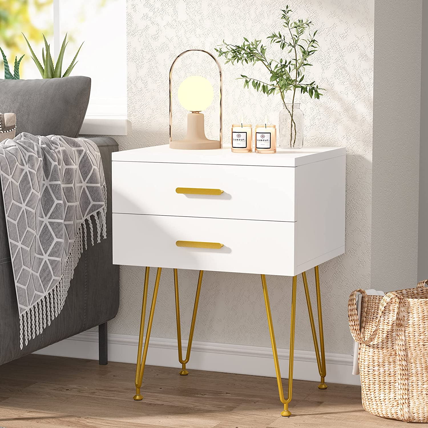 Tribesigns 2Drawer White and Gold Nightstand, Bedside Table with