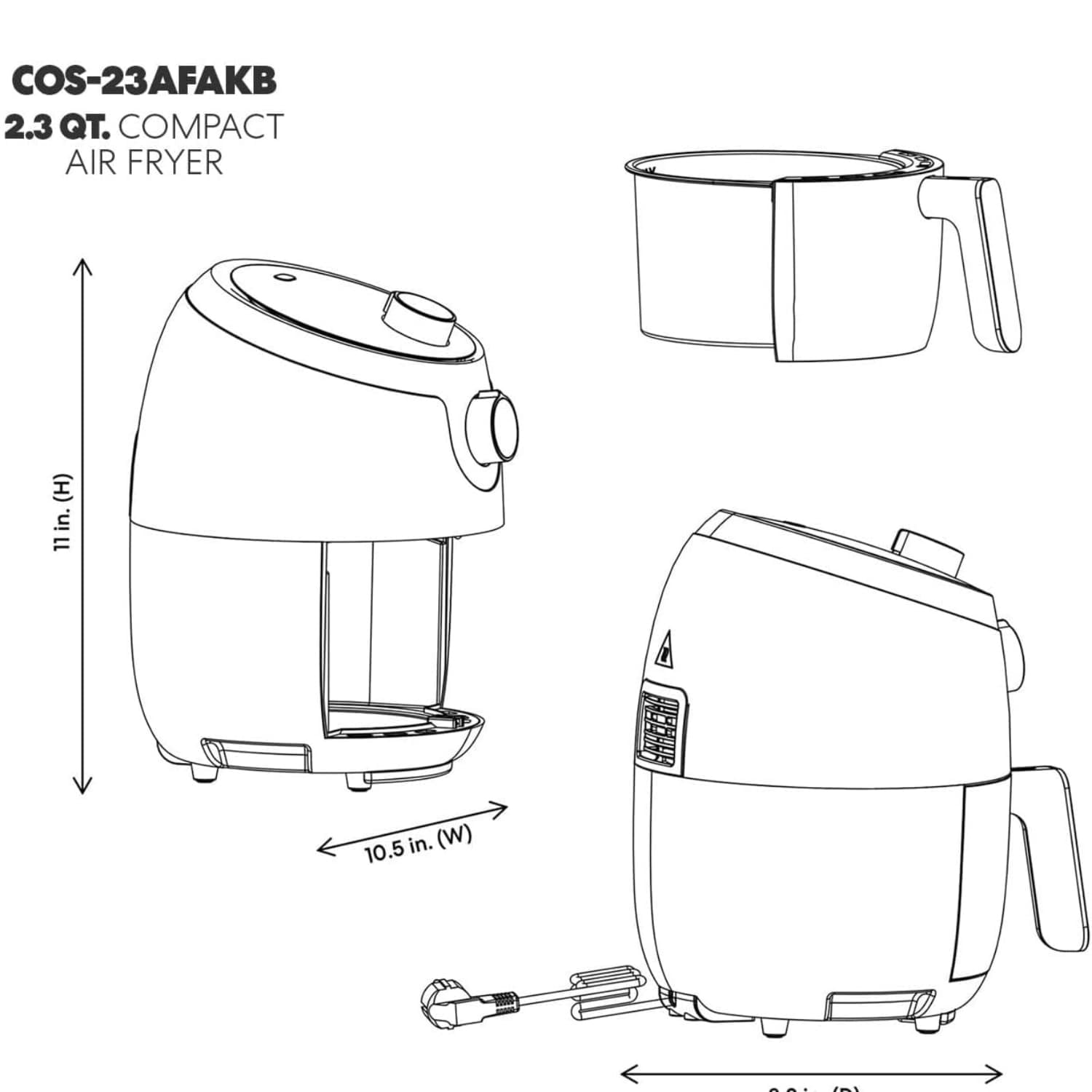 COS-23AFAKB 2.3 Quart Electric Small Air Fryer with Temperature Control, Timer, Auto Shut-Off, Non-Stick Frying Tray, 1000W Compact Mini Air Fryer (2.3 Quarts, Stainless Steel/Black) COSMO co - 23afa