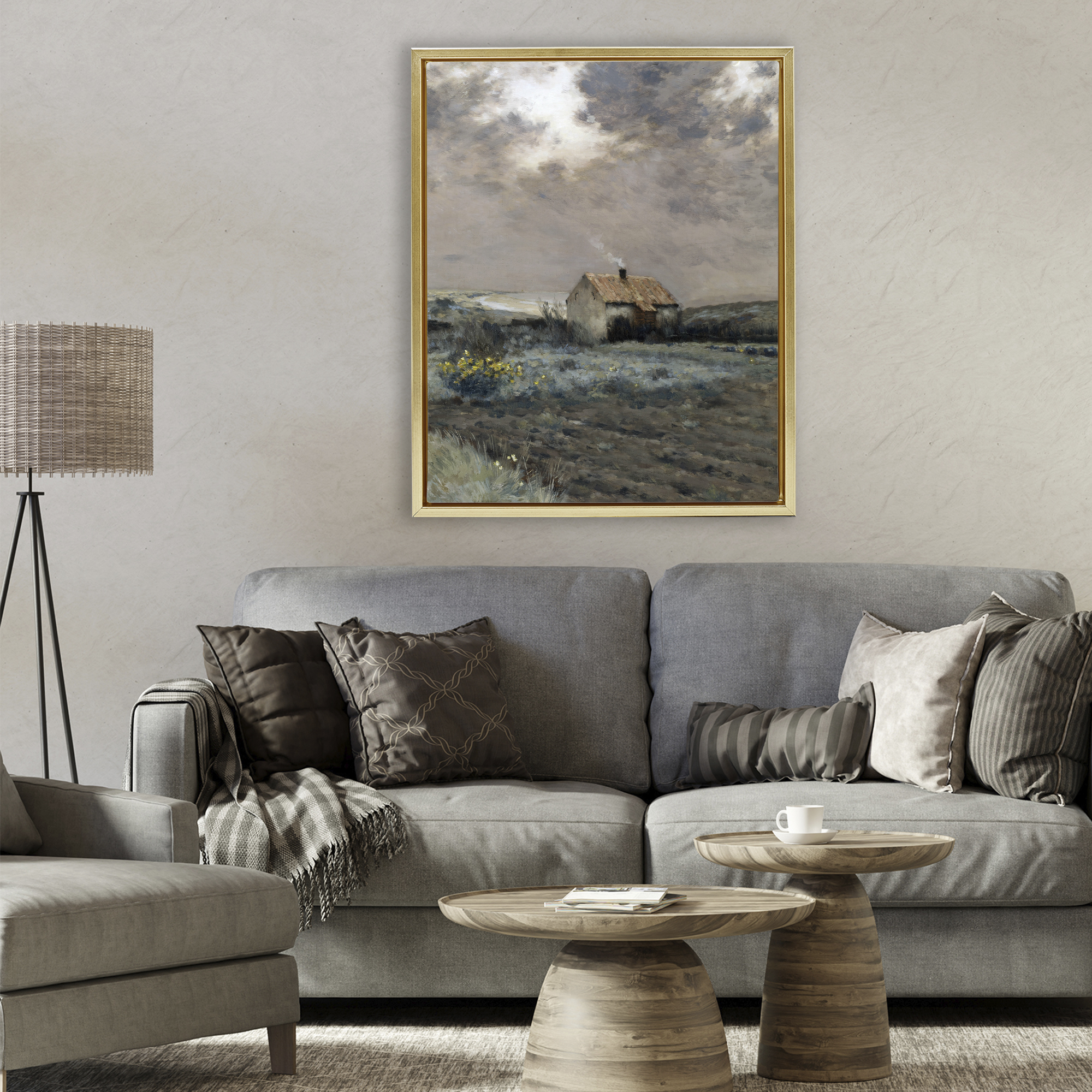 Cabin in Overcast Field Gold Framed Floater Canvas Wall Art, design by Lettered and Lined