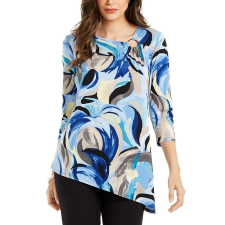 JM Women's Collection Printed Asymmetrical-Hem Tunic Top Navy Size Medium