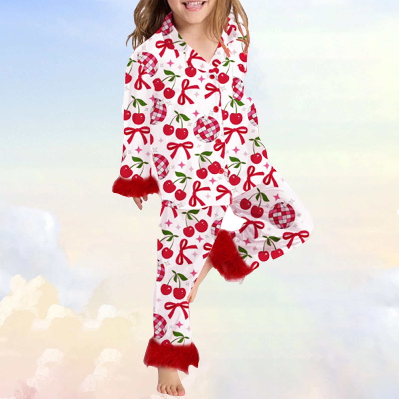 Girls Silk Pajamas Size 12 Cartoon Print Long Sleeve Comfortable Button-Up Home Clothes 2 Piece Pjs for Girls Kids Gifts Red,2-3 Years