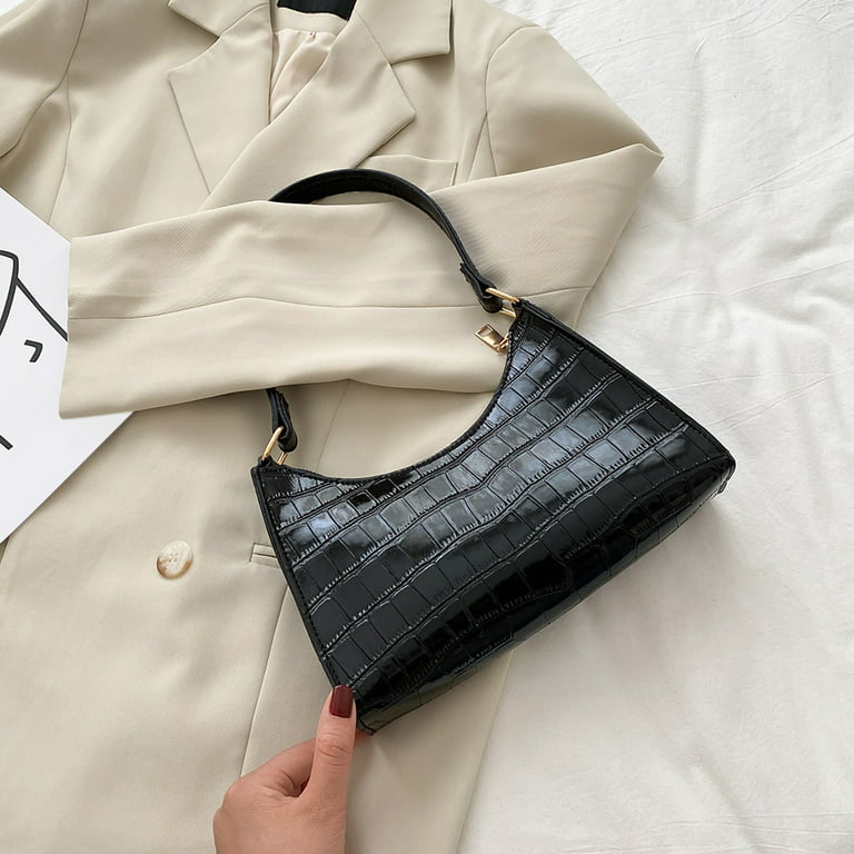 Longchamp Crocodile Print Leather Bag in Black