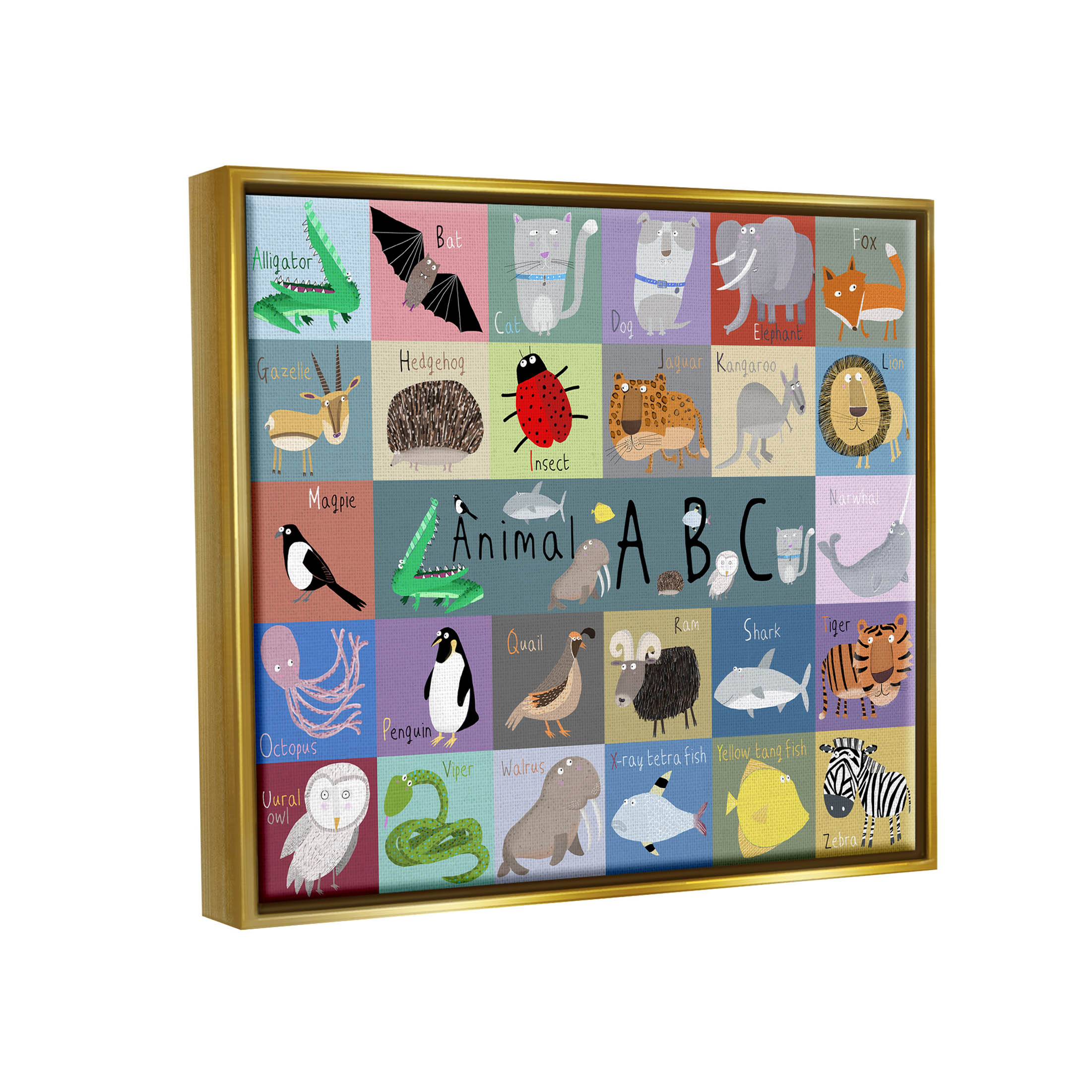 Stupell Industries Various Animal Alphabet Learning Graphic Art Metallic Gold Floating Framed Canvas Print Wall Art, Design by Carla Daly