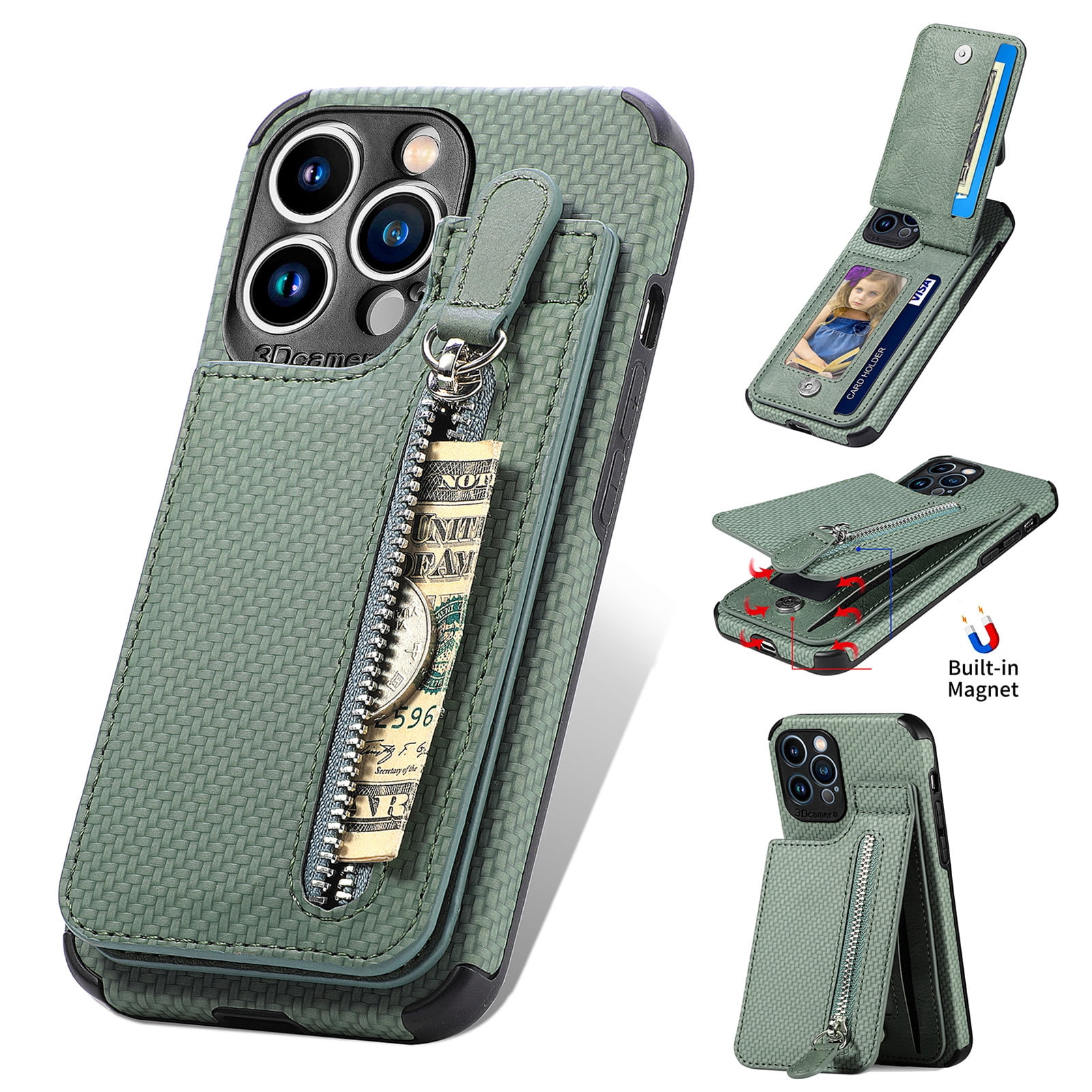 Tech Circle for iPhone 13 Wallet Case Zipper pocket Case with Card Holder Slots Protective Cover for Women/Men Compatible with iPhone 13 6.1 inch (Green)