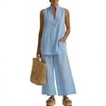 thumbnail image 2 of Cagogo Women Plus Size 2 Piece Set V Neck Sleeveless Tshirt Wide Leg Pants Casual Summer Outfits Loose Boho Streetwear Matching Lounge Set Tracksuit Travel Airport Clothes, Blue M, 2 of 6
