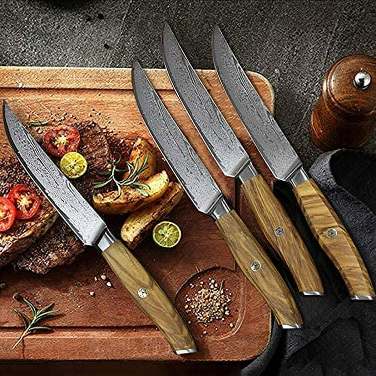 Steak Knives, 6-pcs, Super-Sharp 5” Damascus Steak Knife, Highly Resistant  and Durable, Rust-Resistant Japanese VG10 Steel, Olive Wood Handle,  Non-Serrated Steaks Knives in Gift Box 