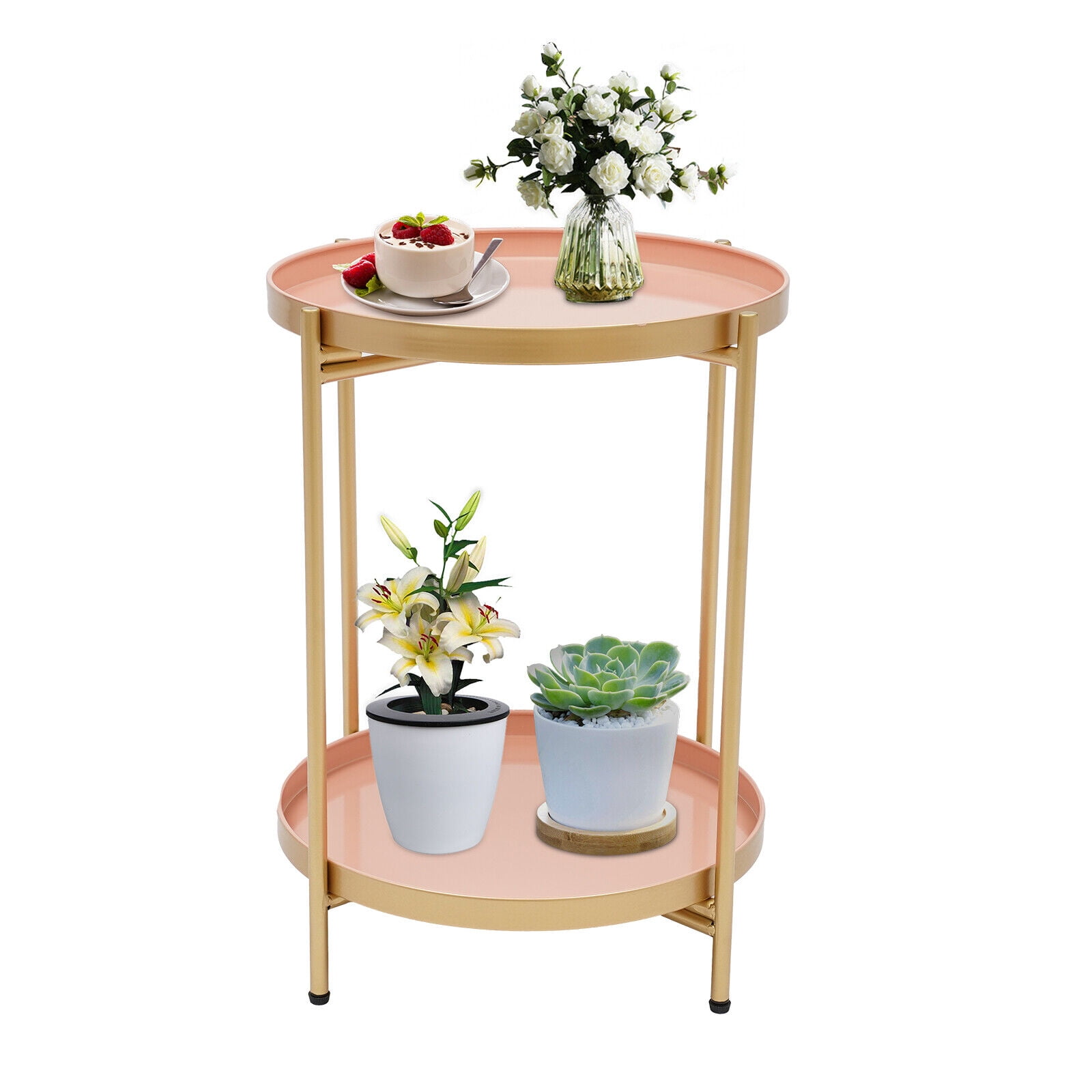 FETCOI 2-Tier Round End Table 2*Tabletops/Removable Tray Golden Pink For Bedroom