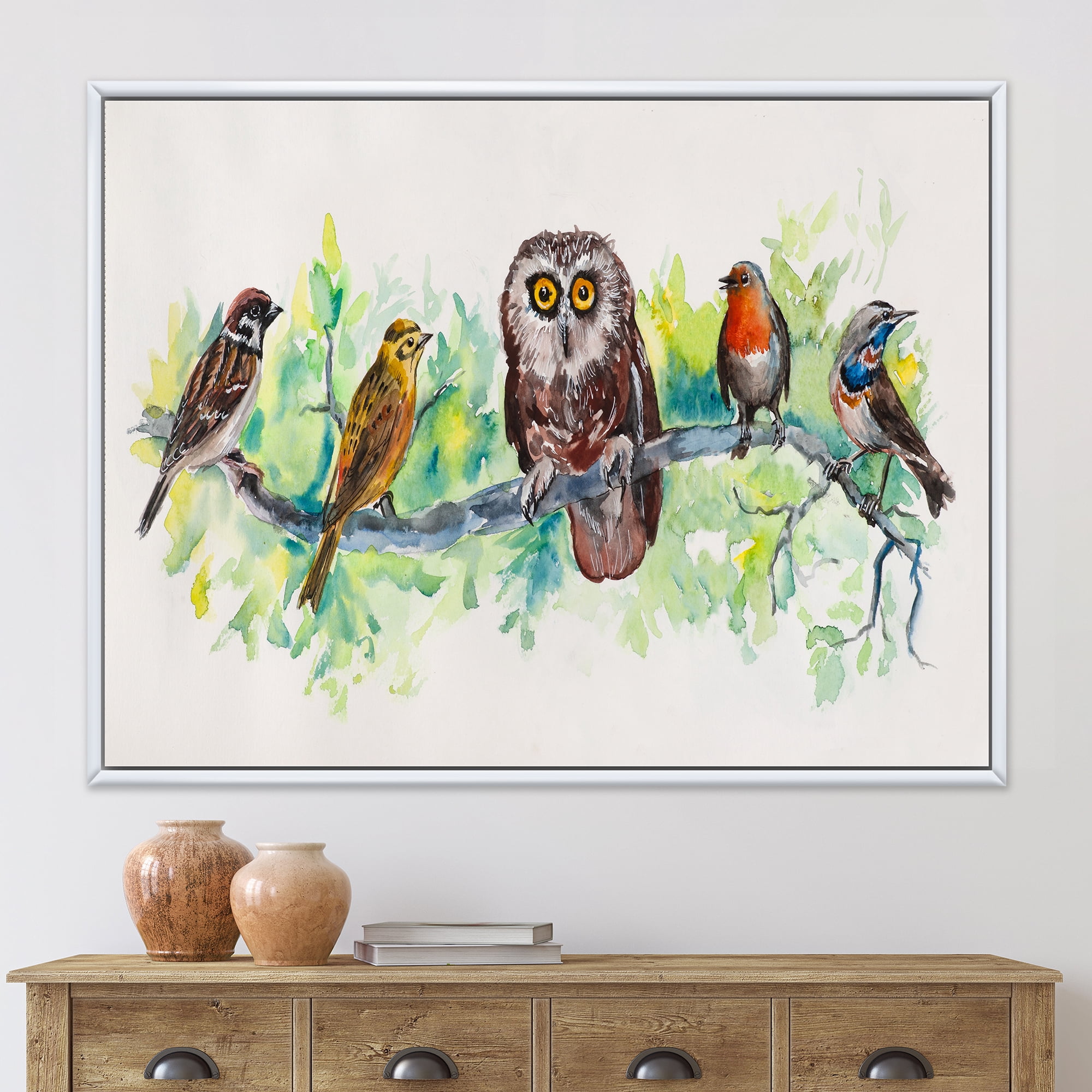 Designart 'Bird Friends With Owl On A Branch' Traditional Framed Canvas Wall Art Print