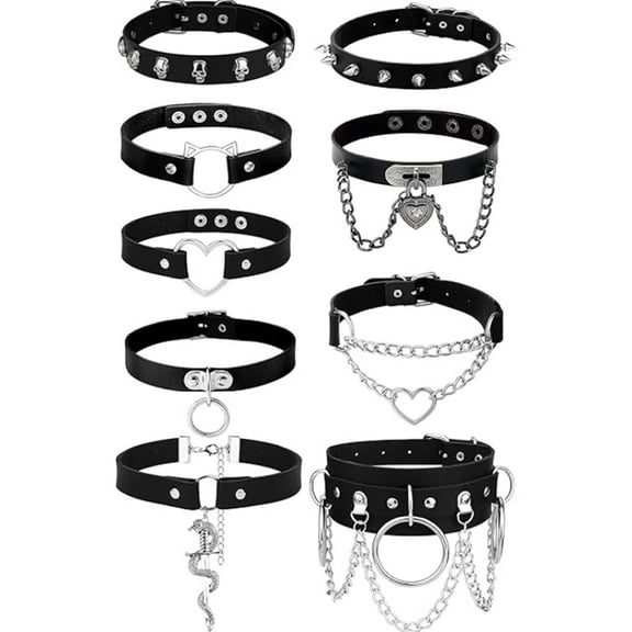 ZYHH Leather Punk Goth Choker Necklace 9Pcs, Adjustable Pu Collar with Love Heart Spikes for Women