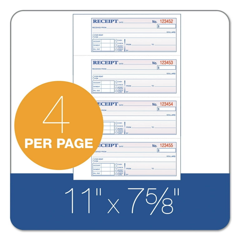 Receipt Book, Three-Part Carbonless, 7.19 x 2.75, 4 Forms/Sheet, 100 Forms Total Receipt Book, Three-Part Carbonless, 7.19 x 2.75, 4 Forms/Sheet, 100 Forms Total