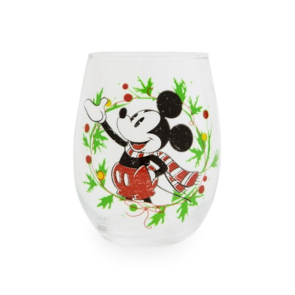 Disney Mickey Mouse Christmas Wreath Stemless Wine Glass | Holds 20 Ounces