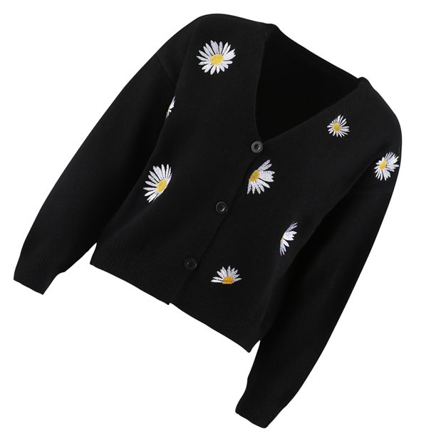 Jumpingount Suéter de mujer Lints invierno otoño estampado de flores adorables estampado de manga larga cuello en V transpirable lavable suelto señoras Prendas para la parte del cuerpo Negro METRO Jumpingount AP012615-17