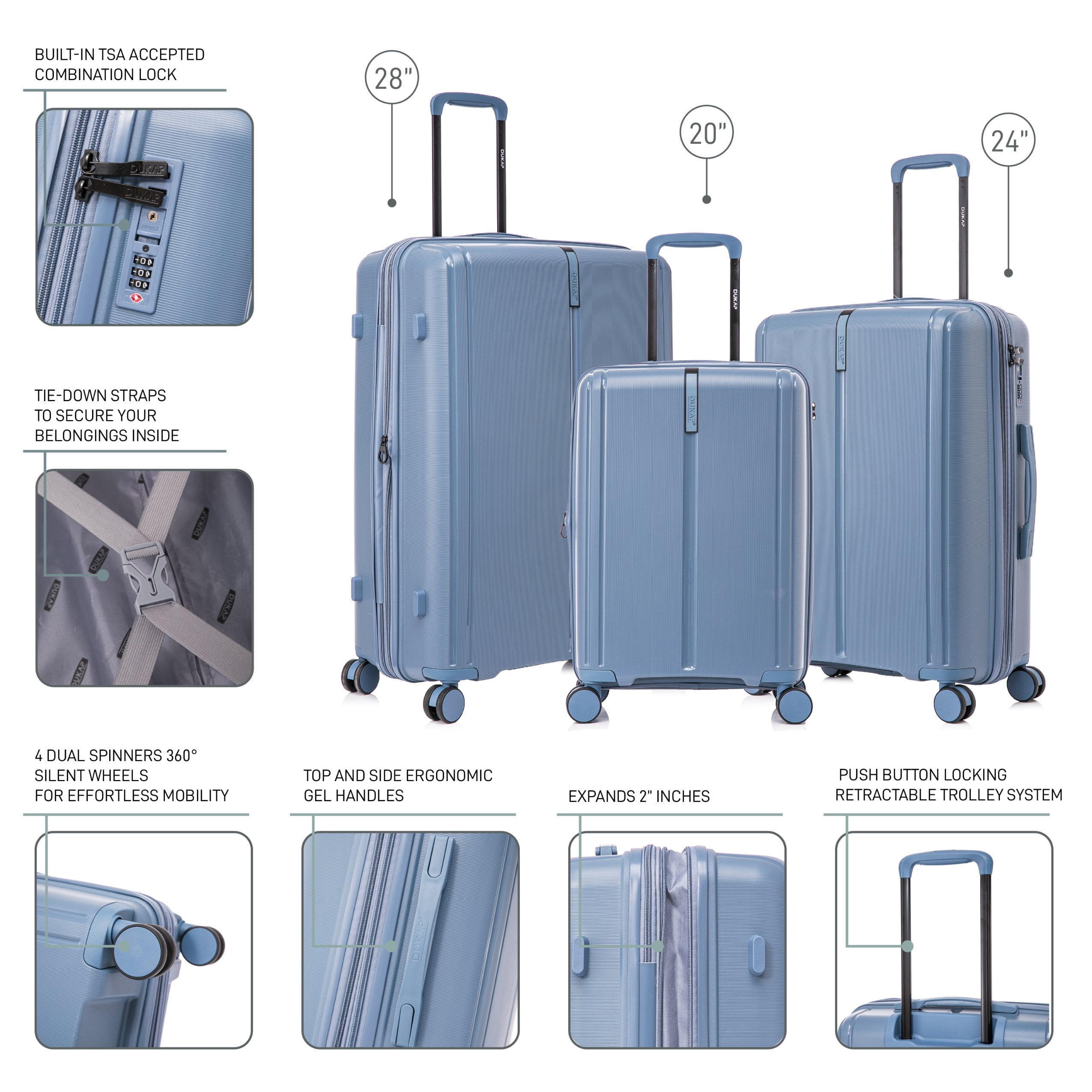 DUKAP AIRLEY 3-Piece Hardside Luggage Sets with Spinner Wheels, Handle and Trolley, (20"/24"/28"), Blue