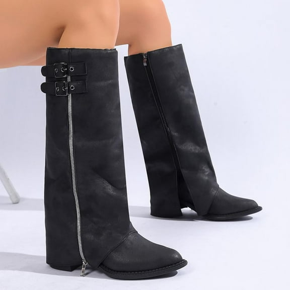BLTIBY Fold Over Shark Boots for Women Snip Toe Chunk Heeled Buckle Boot Pull On Classic Fashion Side Zip Booties Black 38