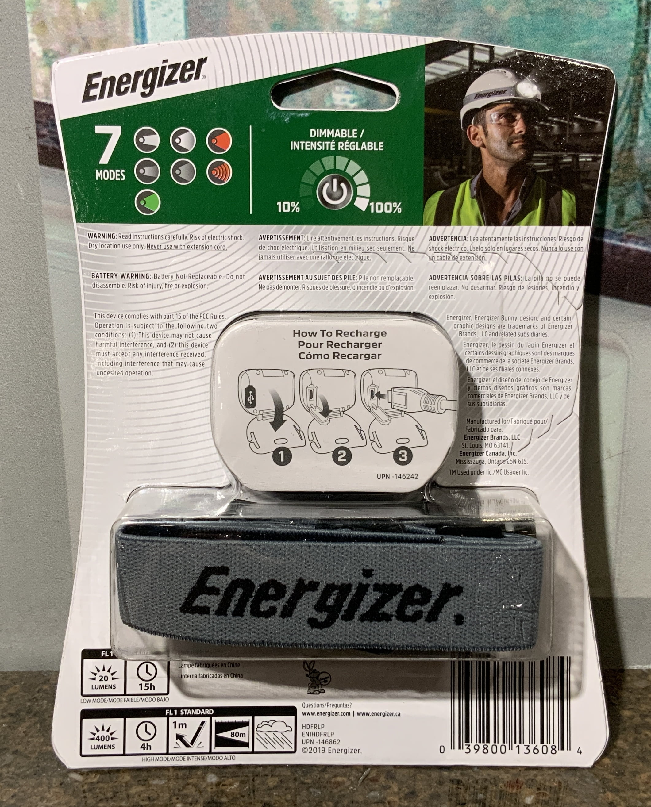 Energizer Industrial 400 Lumens Rechargeable Headlamp IPX4 80m Visibility 4 Hour