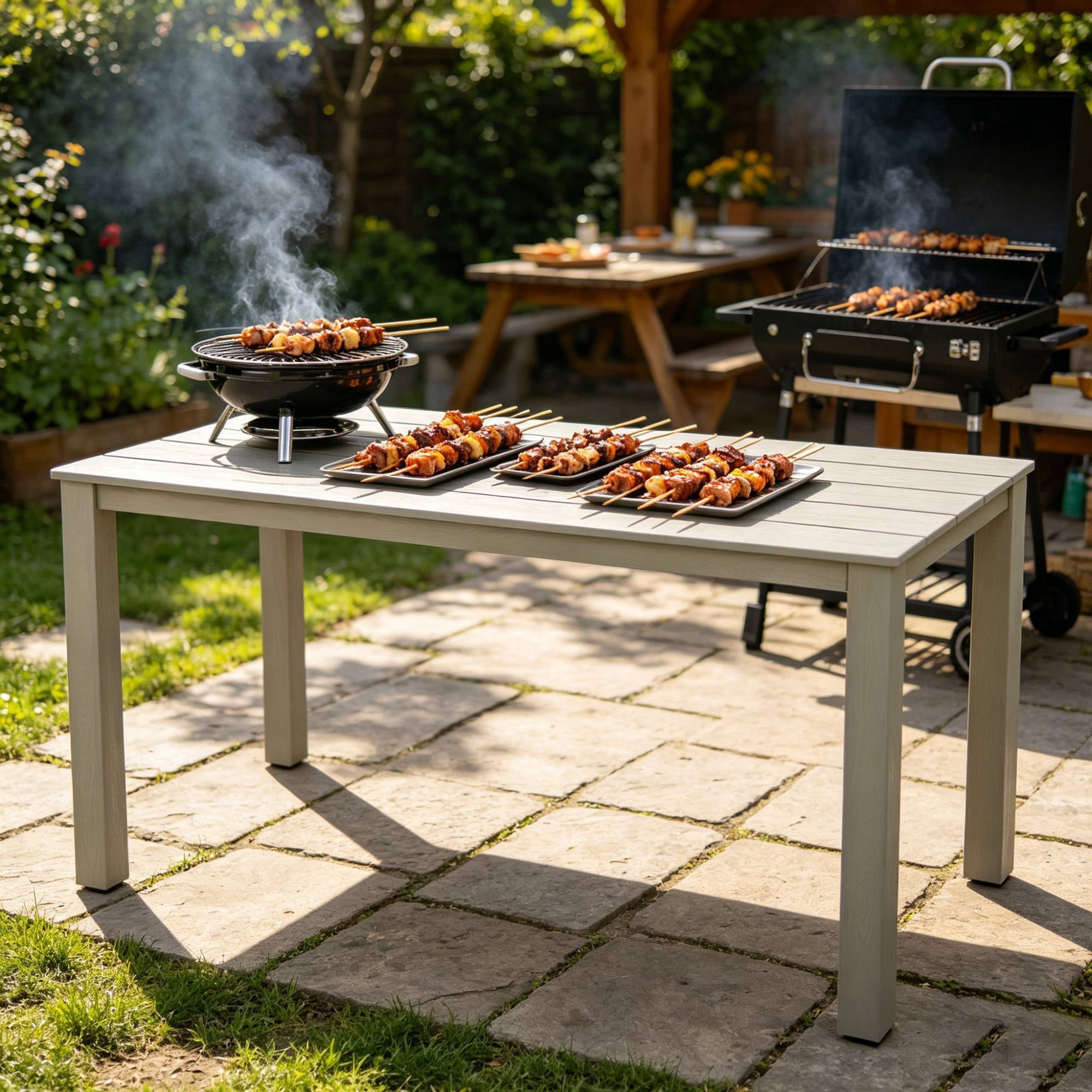 Leumius 68.9" Outdoor Dining Table for 6,All-Weather Furniture Table with Umbrella Hole for Outdoor Picnics & Patio,Backyard,Light Gray