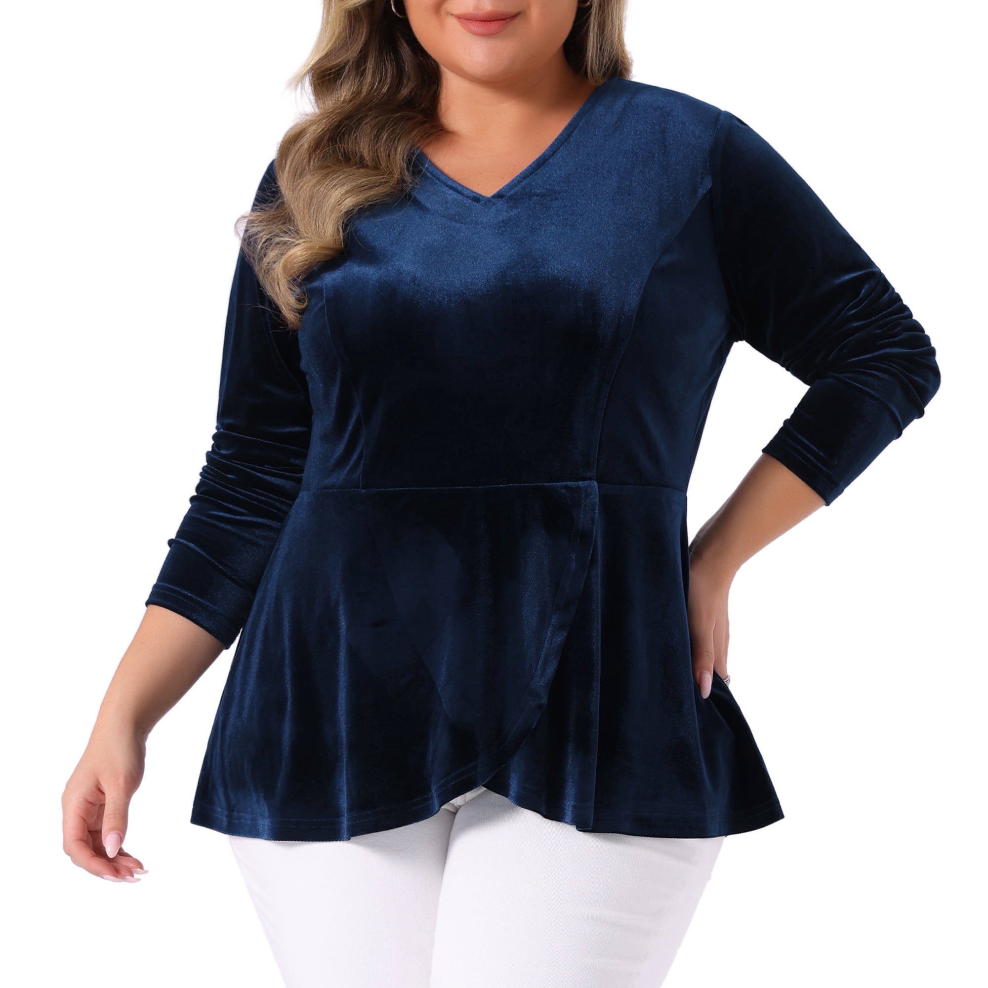 DARING DIVA Women's Plus Size Retro Velvet Tulip Hem Long Sleeve Blouse 3X Dark Blue
