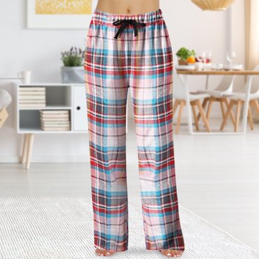 GZWYHT Pajama Pants Plaid Pajama Pants Women's Spring Fashion Casual Plaid Lace Cotton Can Be Worn Outside Pajamas Pants Sleep Pants Pajama Pants Women Blue S