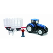 New Holland T7000 Tractor w/ Animal Hauler, Blue & White - New Ray 05675C - 1/32 Scale Model Farm Vehicle