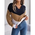 thumbnail image 3 of Chevron Striped Color Block Collared Classic Sweater for Women Khaki Small, 3 of 5