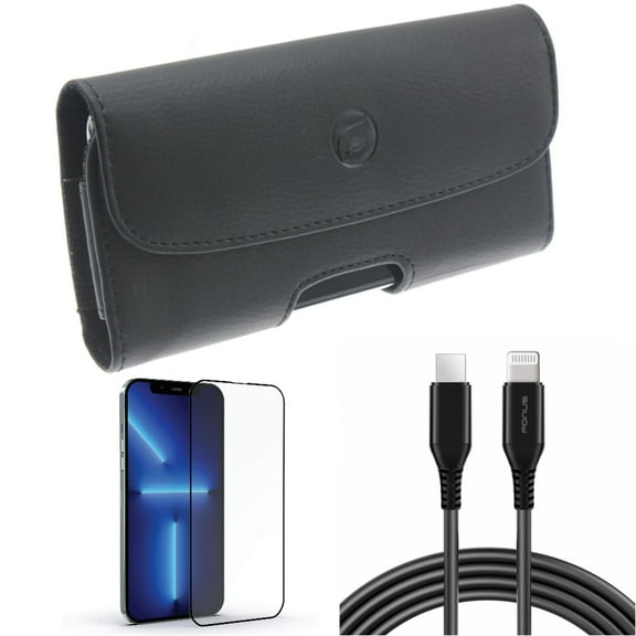 Screen Protector & Case Belt Clip & 6ft PD Cable for iPhone 13 Pro Max ONLY - Anti-Glare Tempered Glass Matte   Leather Holster Cover   USB-C Fast Charger Long Combo