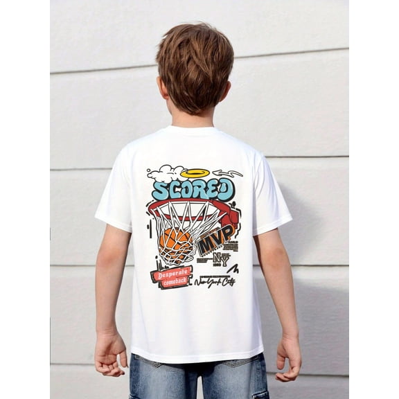 Boys' Summer Basketball Graphic T-Shirt "SCORED MVP" Print with Hoop & Stars,Casual Round Neck Tee for Sports & Casual Attire